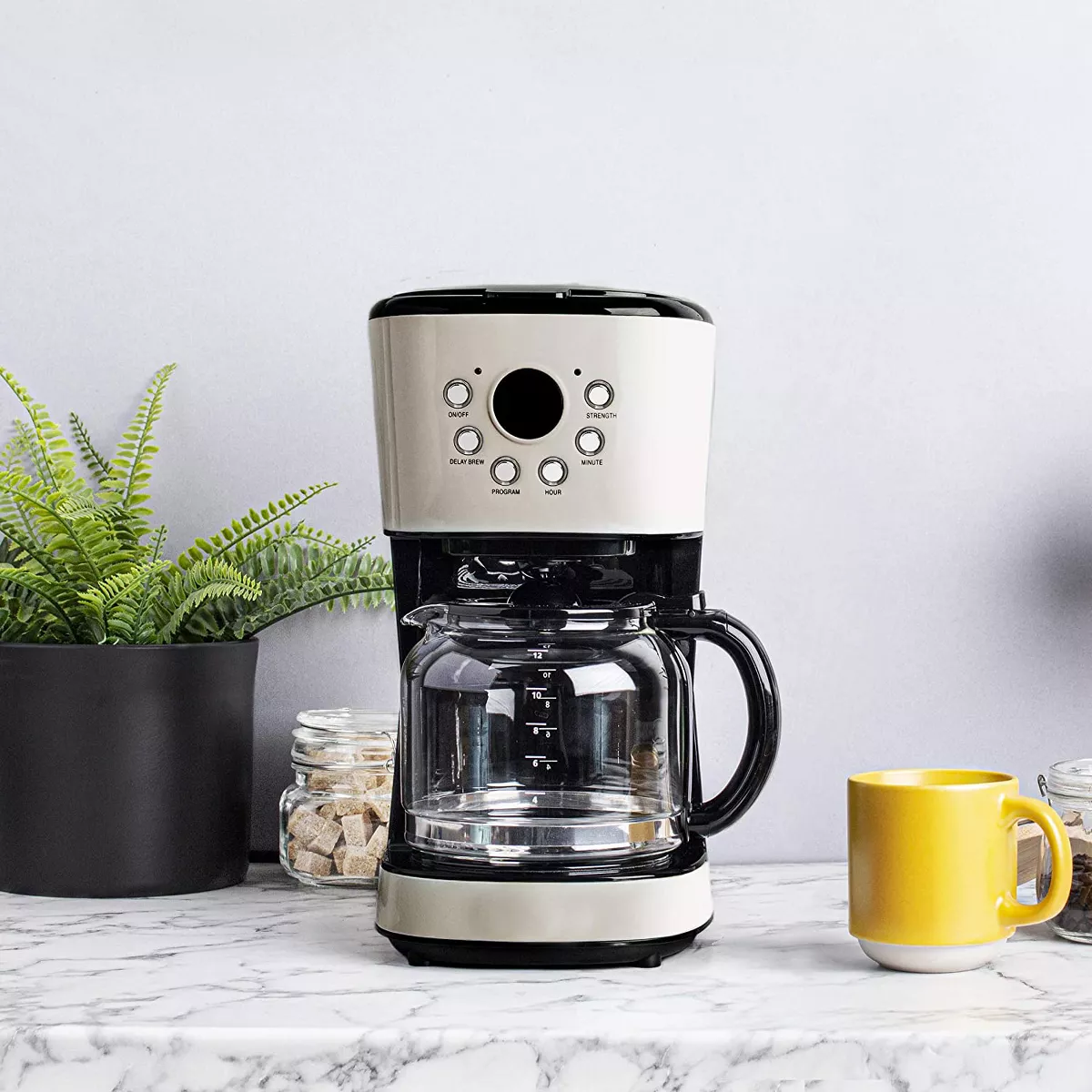 Haden 75028 Innovative 12 Cup Capacity Retro Style Programmable Home Countertop Coffee Maker Machine with Glass Carafe, Putty Beige