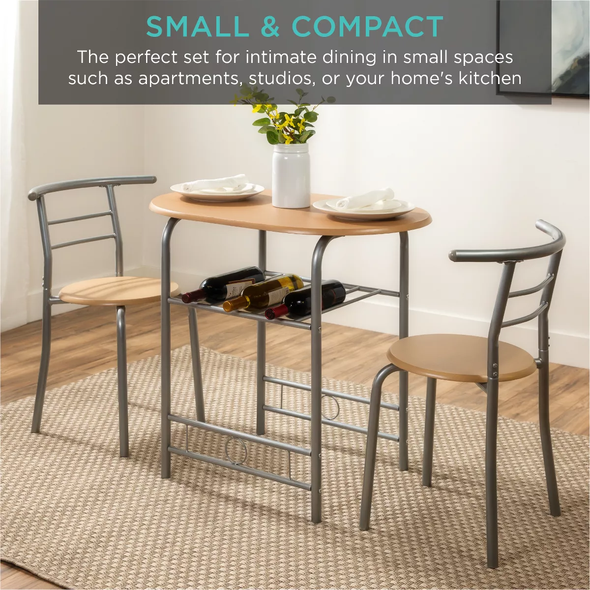Best Choice Products 3-Piece Wood Dining Room Round Table & Chairs Set w/ Steel Frame, Built-In Wine Rack - Natural