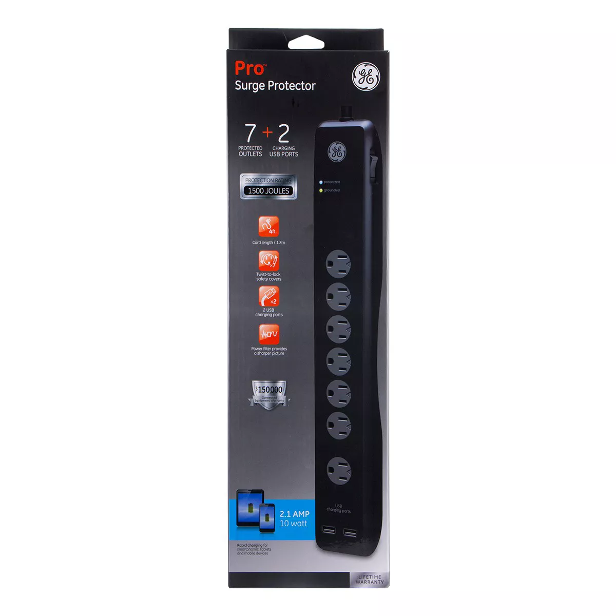 General Electric 7 Outlet Surge Protector Power Strip 4' Cord