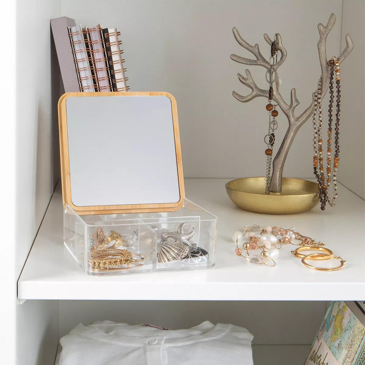 Simplify 3 Compartment Medium Organizer with Bamboo Lid and Mirror Clear