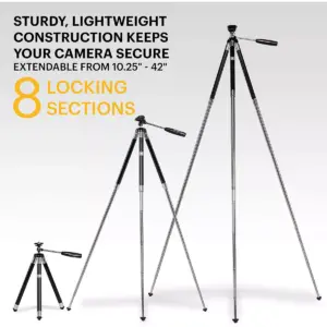 KODAK PhotoGear 42” Tripod | 8-Section Aluminum Stainless Steel Tripod w/Bluetooth Remote, Telescoping Leg-Lock Height Adjustment, 360° Ball Head, Rubber Feet, Smartphone Adapter E-Guide & Carry Case
