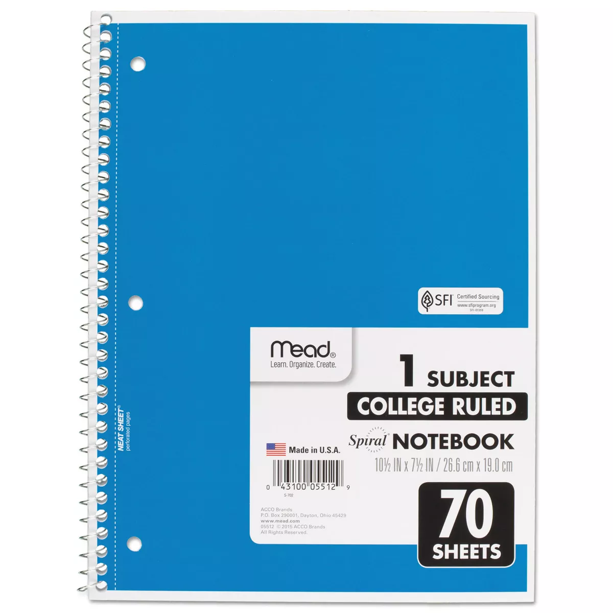 Mead Spiral Bound Notebook Perforated College Rule 10 1/2 x 8 White 70 Sheets 05512