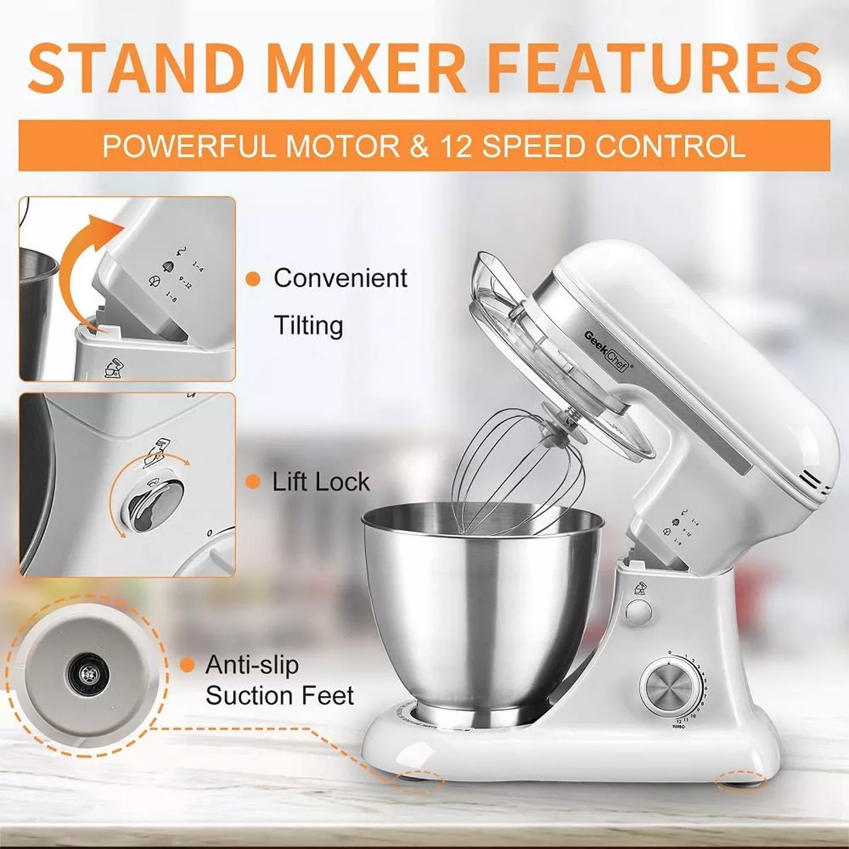 Geek Chef GSM45W Stainless Steel 4.8 Quart Bowl 12 Speed Kitchen Countertop Baking Food Stand Mixer with Beater Paddle, Dough Hook, and Whisk, White