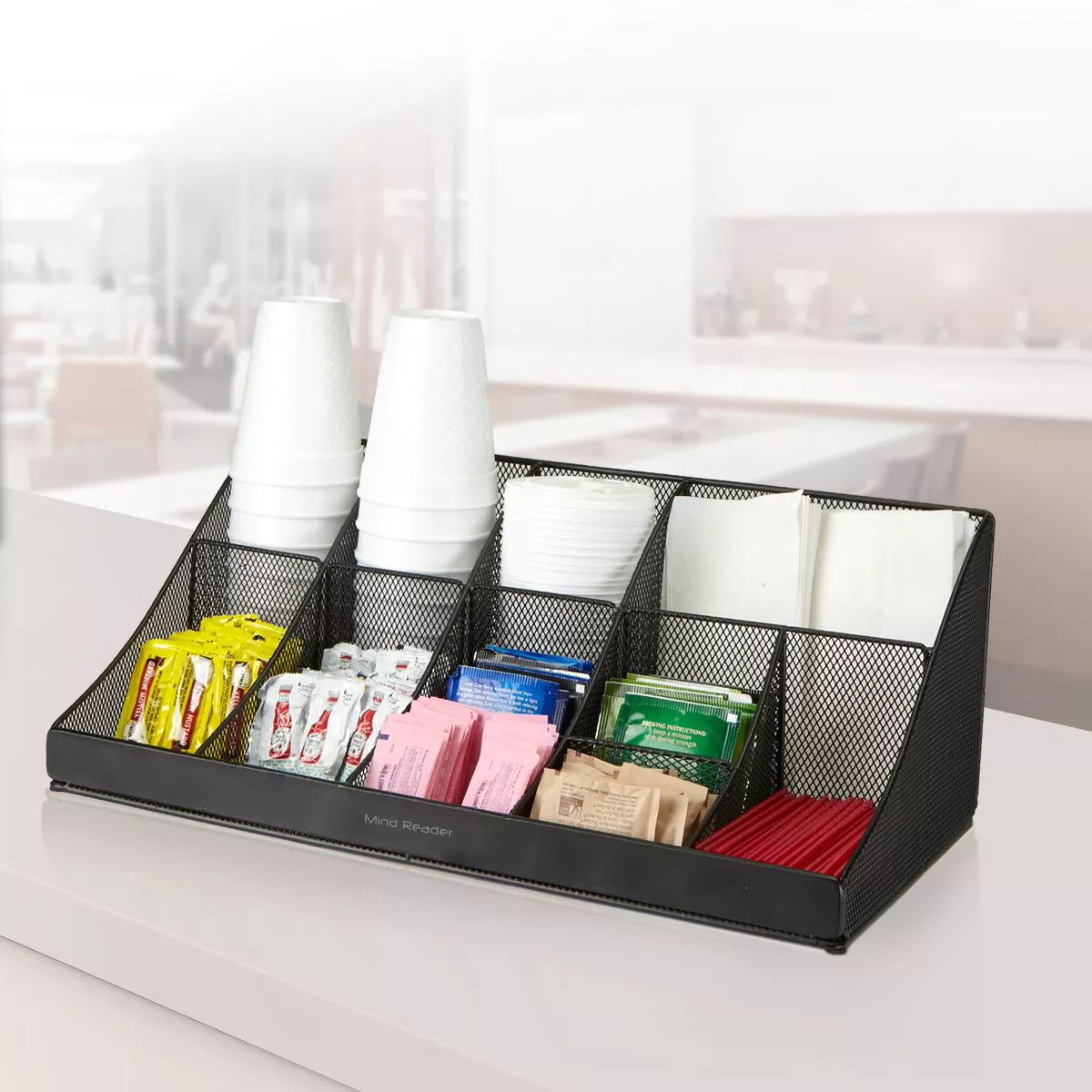 Mind Reader 11 Compartment Break Room Coffee Condiment, Black Metal Mesh