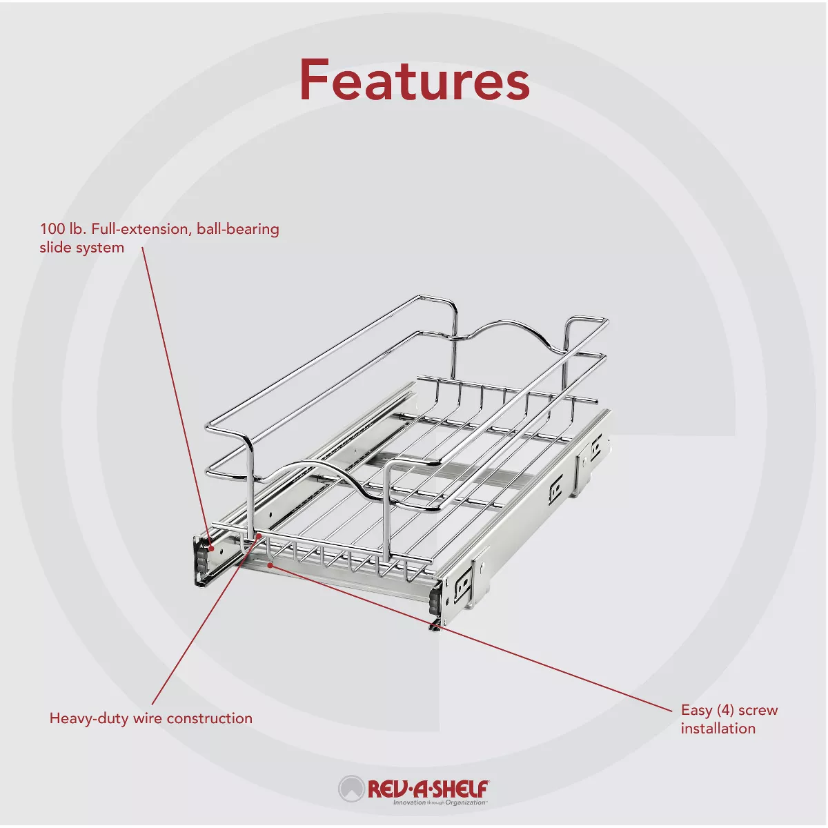 Rev-A-Shelf 5WB1-0918CR-1 9 Inch Width x 18 Inch Depth Single Wire Basket Pull Out Shelf Storage Organizer for Kitchen Base Cabinets, Silver