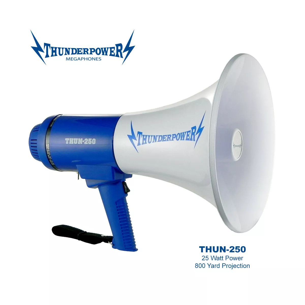 ThunderPower THUN250 800 Yard Sound Range 25 Watt Portable PA Bullhorn Megaphone Speaker with 3 Megaphone Modes, Blue