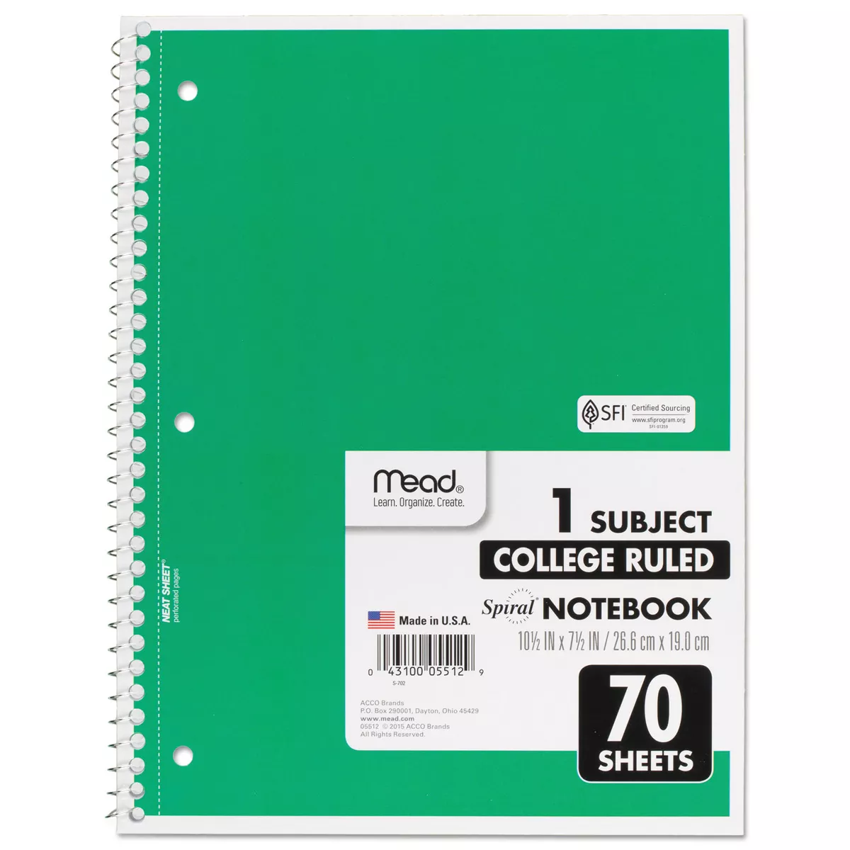 Mead Spiral Bound Notebook Perforated College Rule 10 1/2 x 8 White 70 Sheets 05512