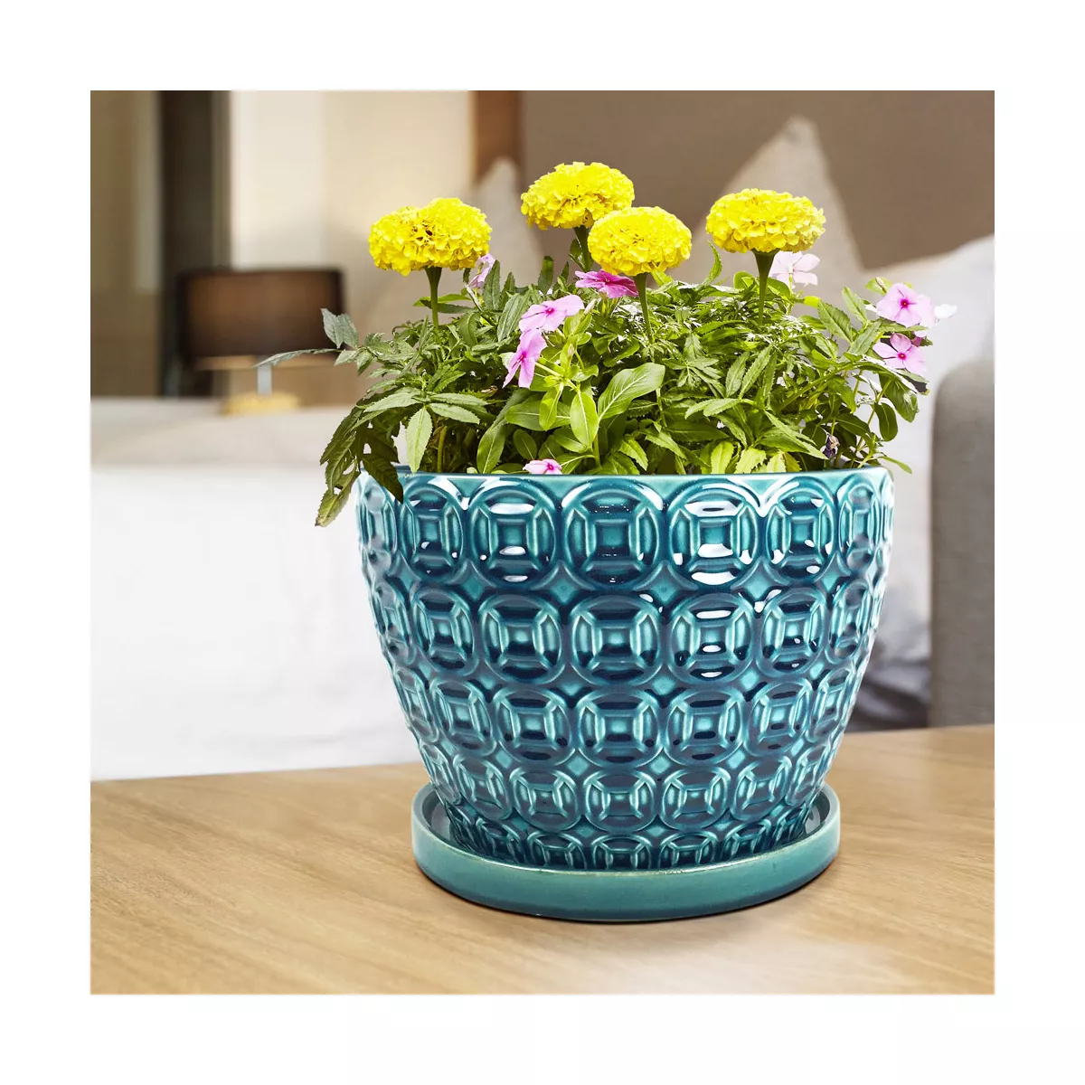 Southern Patio 12 Inch Ceramic Clay Mayer Flower Planter & Saucer Tray, Seafoam