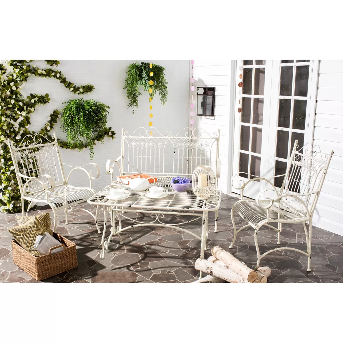 Leah 4pc Cast Iron Patio Chat Set - Antique/White - Safavieh