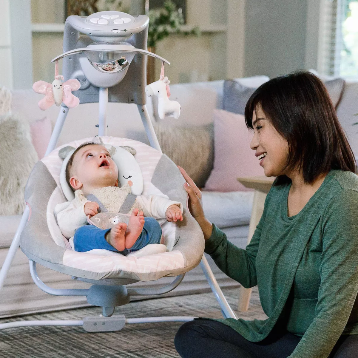 Ingenuity Inlighten Cradling Swing - Flora the Unicorn - Foldable Plug-in Swing