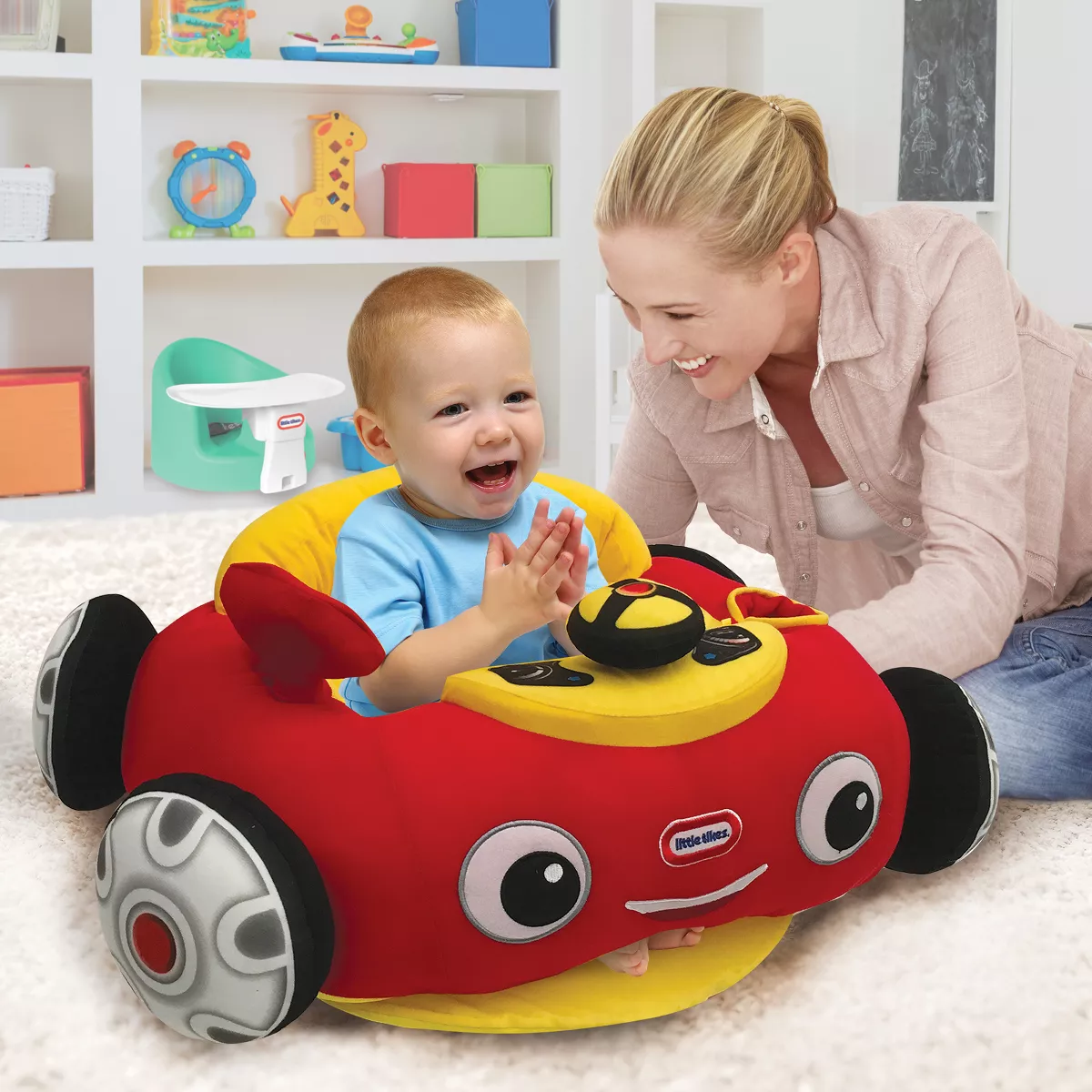 Little Tikes Cozy Coupe Plush Car Baby Toddler Lounger Seat with Working Car Horn, Reflective Side Mirror, and Convenient Cup Holder, Red Car
