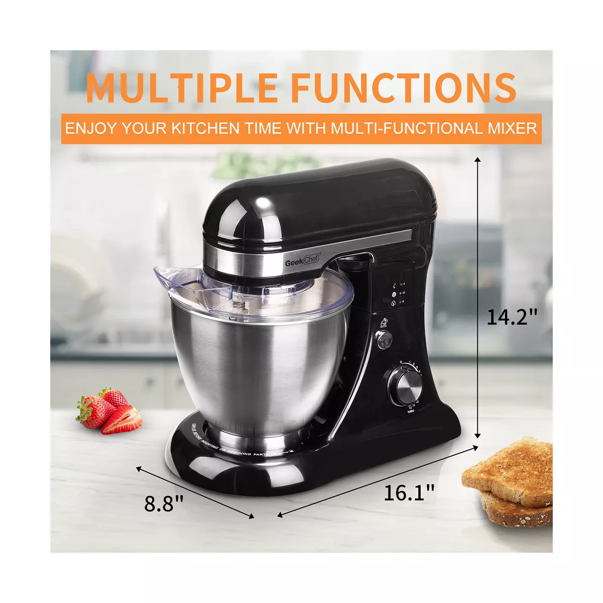 Geek Chef GSM45B Stainless Steel 4.8 Quart Bowl 12 Speed Kitchen Countertop Baking Food Stand Mixer with Beater Paddle, Dough Hook, and Whisk, Black