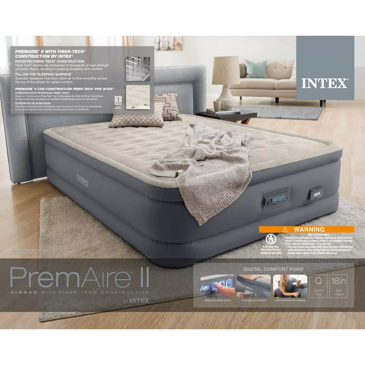 Intex Premaire II Elevated Queen Air Mattress with Fiber-Tech and Electric Pump - Gray