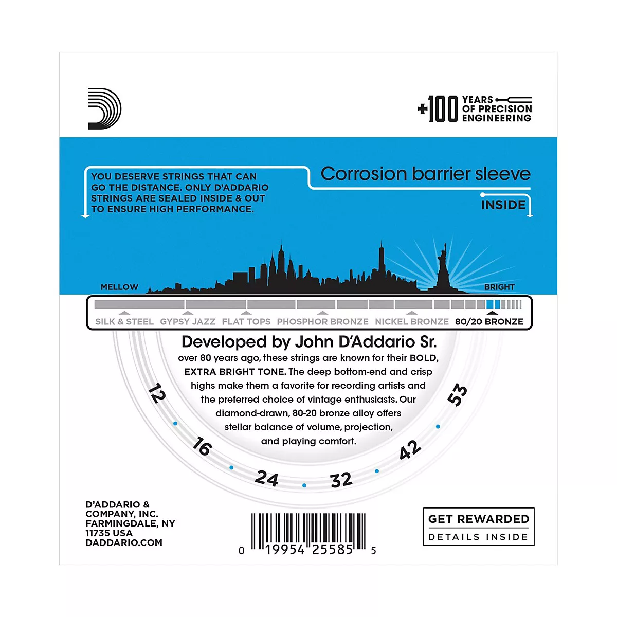 D'Addario EJ11-3D 80/20 Bronze Light Acoustic Guitar Strings 3-Pack