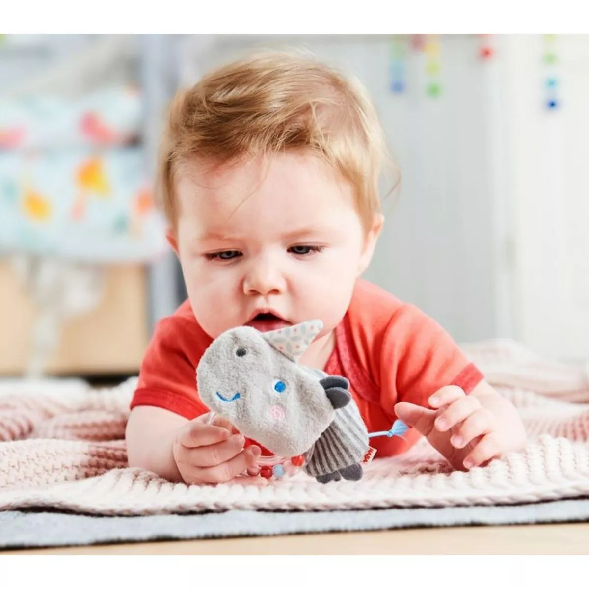 Rhino Fabric Clutching Toy with Removable Plastic Teething Ring