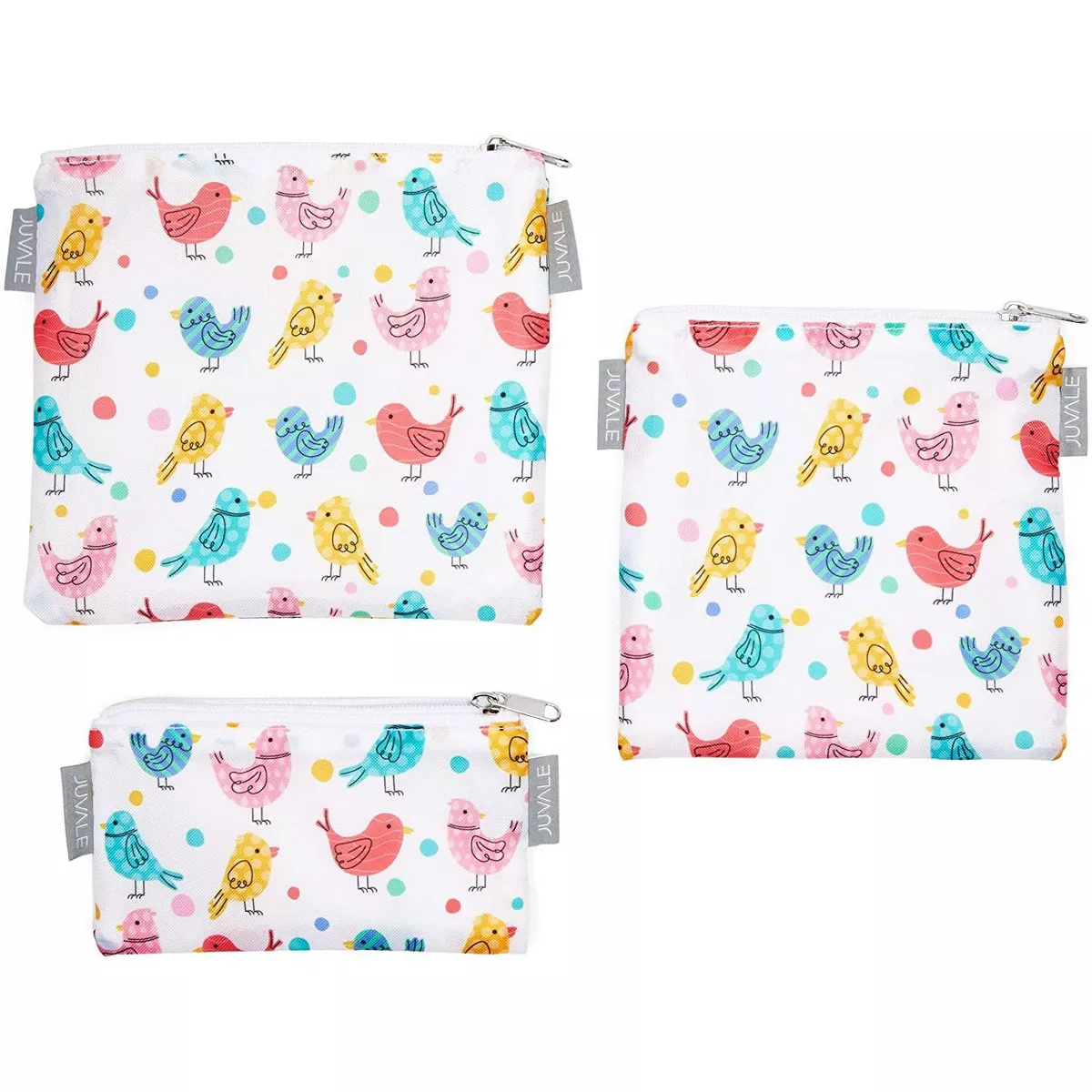 Juvale 5 Pack Resealable Plastic Bags, Colorful Bird Reusable Snack Bags with Zipper (3 Sizes)