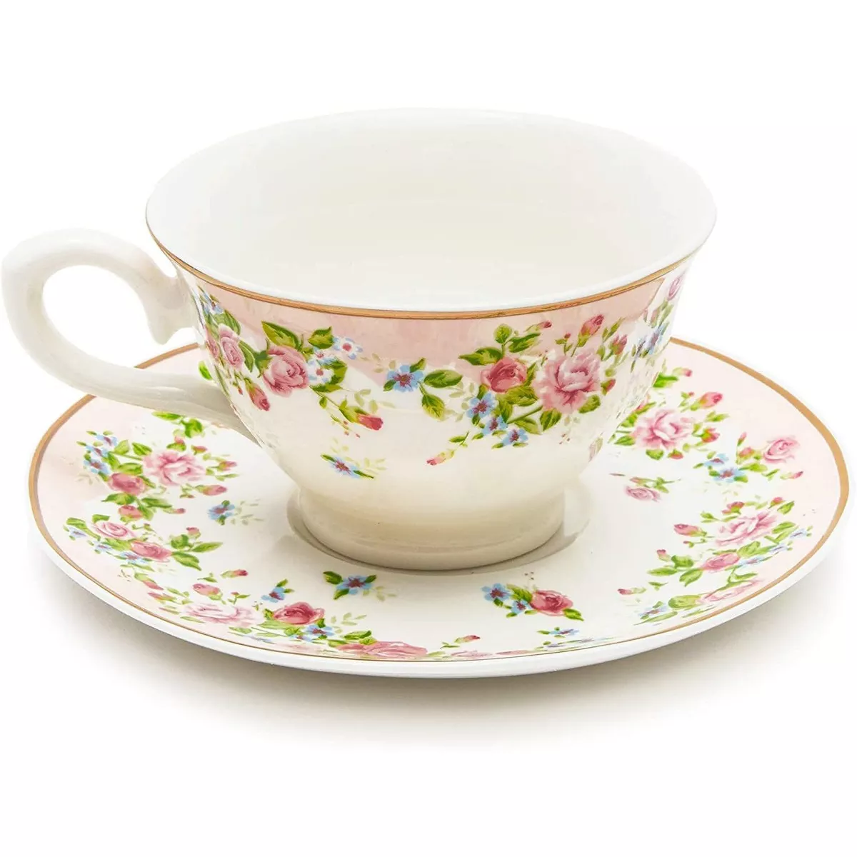 Sparkle and Bash 12 Pack 6 Tea Cups 6 Saucers for Tea Party, 2 Vintage Floral Designs (8 oz)