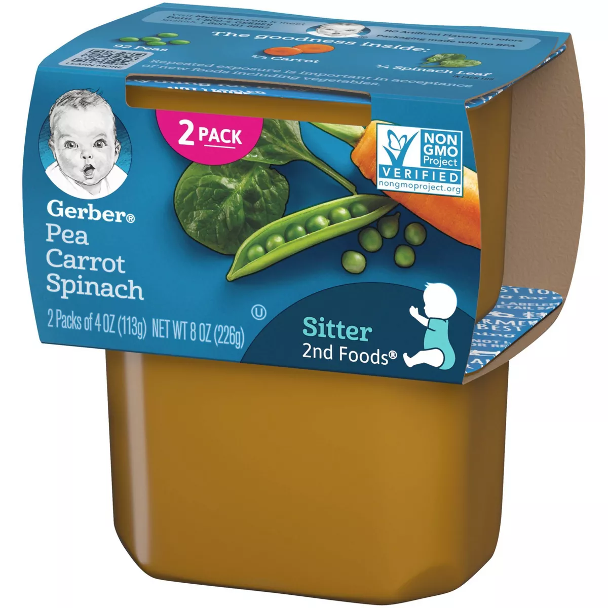 Gerber Sitter 2nd Foods Pea Carrot Spinach Baby Meals Tubs - 2ct/4oz Each