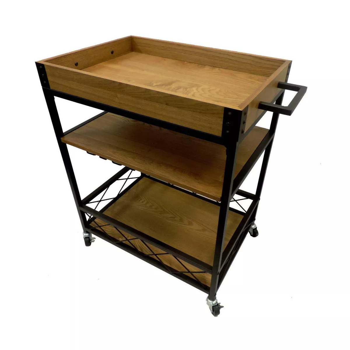 Kitchen Mobile Serving Bar Cart with Shelves and Wine Glass Holder Black/Brown - Benzara