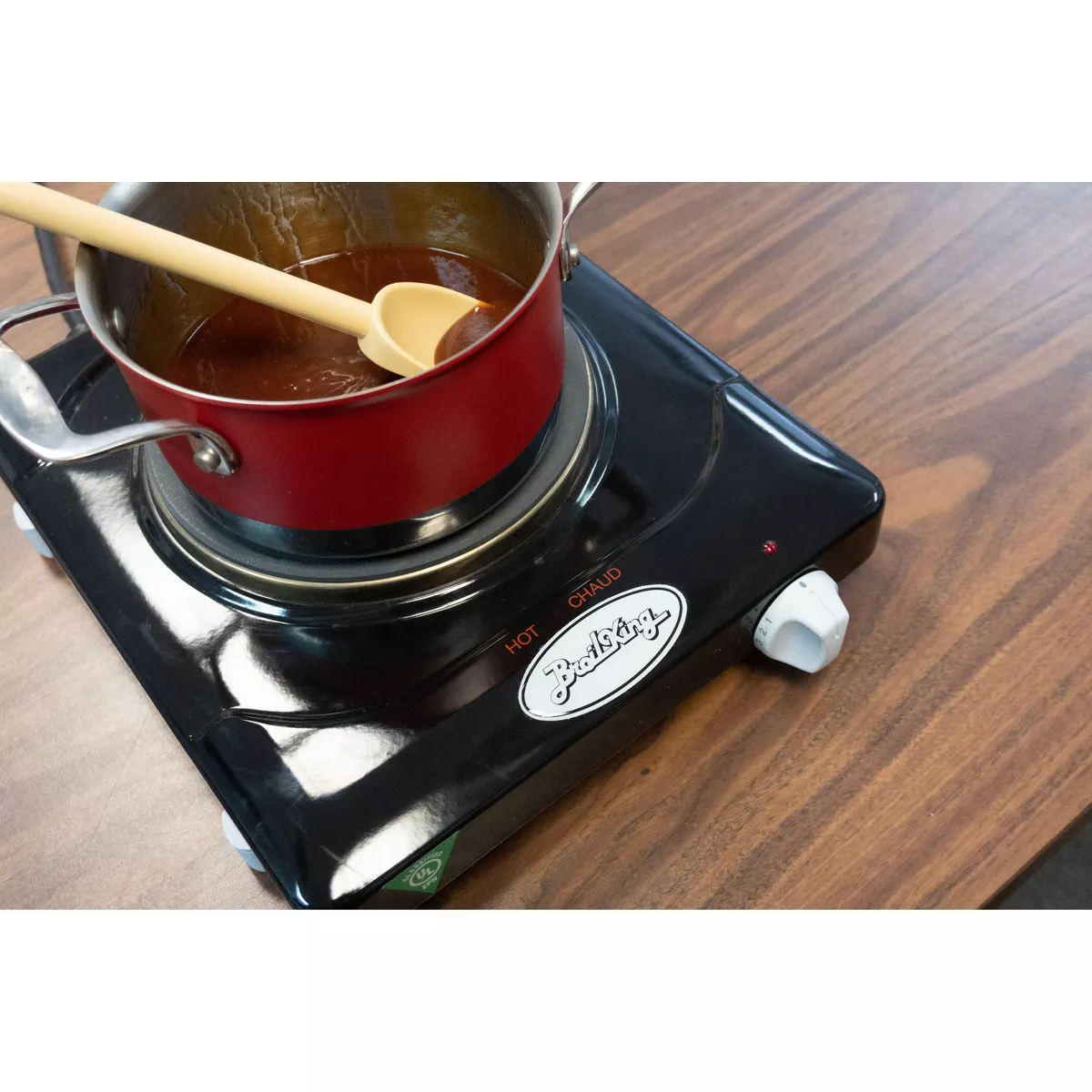BroilKing PCR-1S Heavy Duty Cast Iron 1500 Watt Heating Disc Single Burner Range Hot Plate with Built-In Thermometer and 4 Non-Skid Feet, Silver