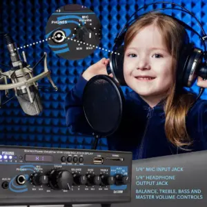 Pyle PTAA55 2 x 120 Watt Compact Wireless Bluetooth Home Audio 2 Channel Mixer Amplifier Stereo Receiver Sound System with Mic/Aux/USB/SD Input