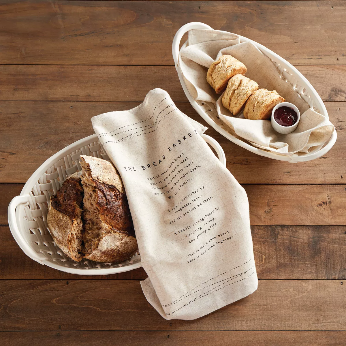 DEMDACO Large Ceramic Bread Basket with Towel 16 x 11 - White
