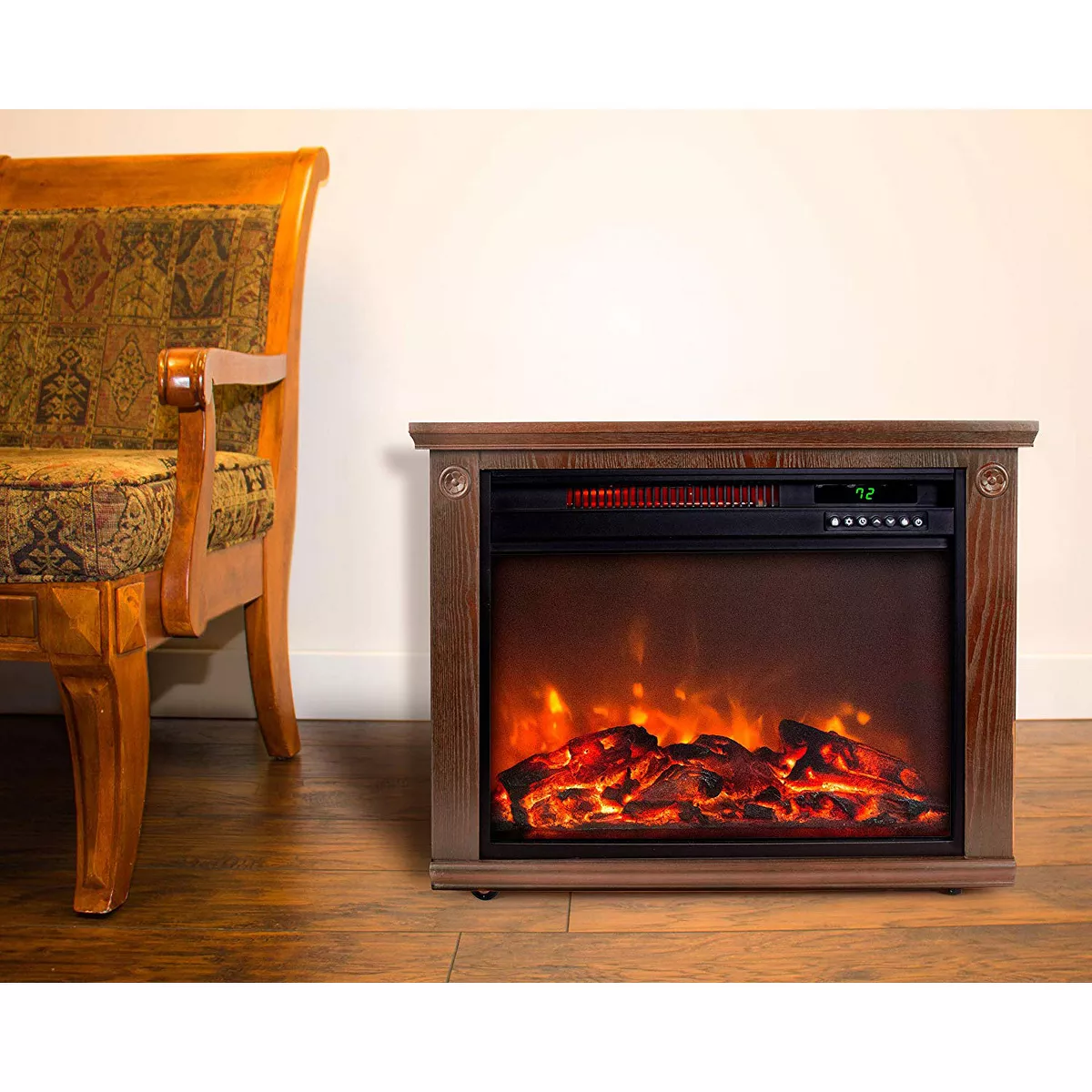 Lifesmart Large Room 1500W Portable Quartz Infrared Electric Indoor Fireplace Space Heater with 3 Heat Settings, Remote, and Tip-Over Protection, Oak