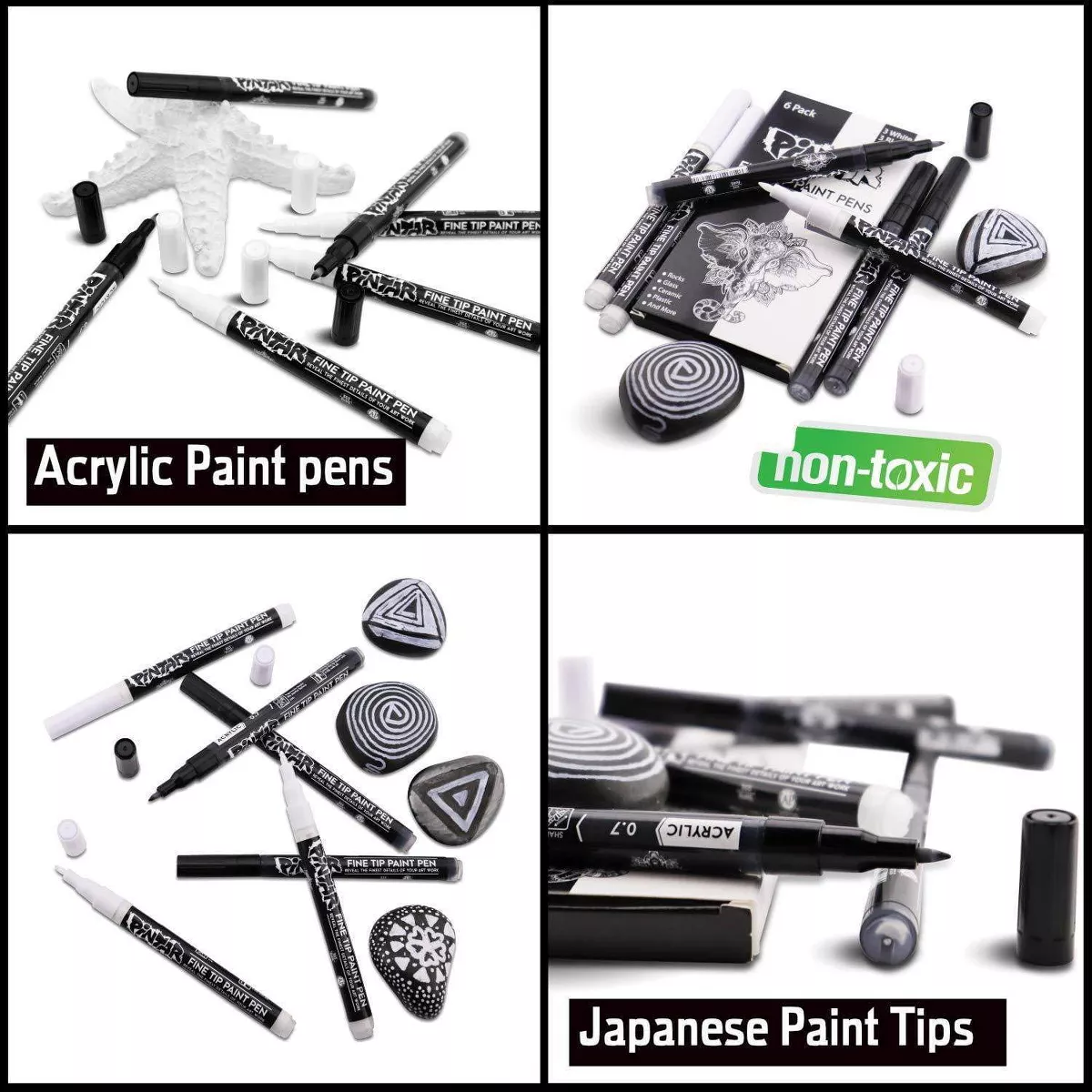 Pintar Art Supply Premium Acrylic Paint Black and White 6-Pack Pens