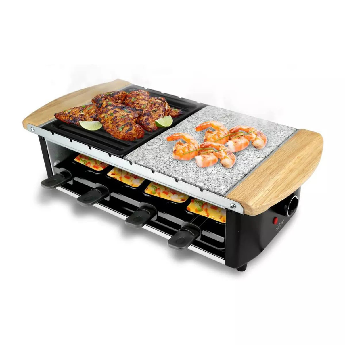 NutriChef Raclette 1200W 2 Tier Electric Swiss Style Party Cooktop Stone Plate and Metal Grill Countertop for Home or Profession Kitchens, Black