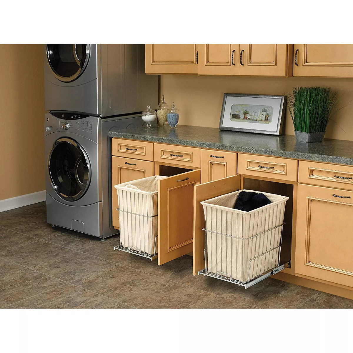 Rev-A-Shelf HRV-1520 S CR Cabinet Floor Mounted Pullout Wire Clothes Laundry Hamper Basket with Liner and Full Extension Slides, Chrome