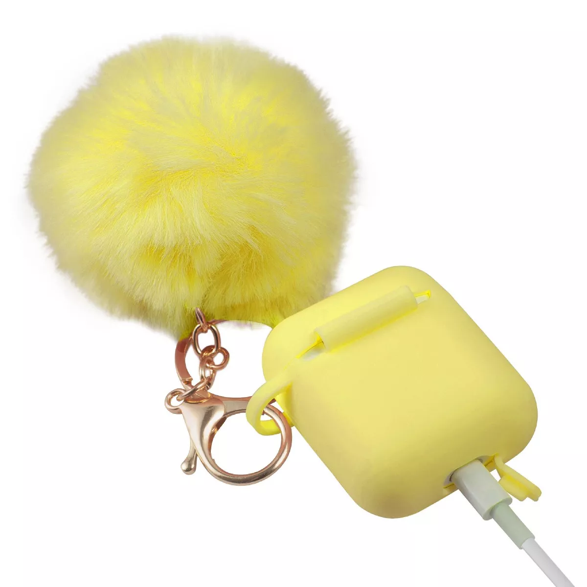 Insten Fluffy Pom Pom Case For Airpods 1 / 2, Silicone Carry Case with Keychain & Anti-Lost Strap, Soft Touch Protective Skin Cover, Yellow