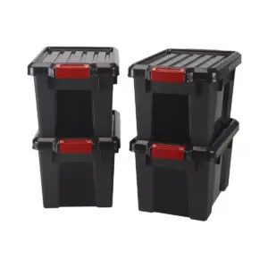 IRIS USA 21 Quart Heavy Duty Secure Latching Totes with Reinforced Lids and Built In Handles for Home Storage Organization, Black (4 Pack)