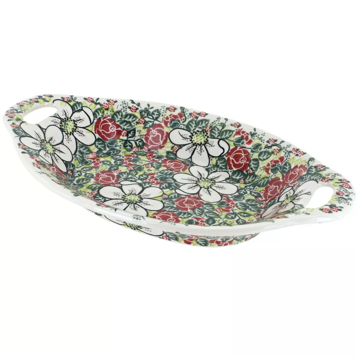 Blue Rose Polish Pottery Rose Garden Bread Tray with Handles