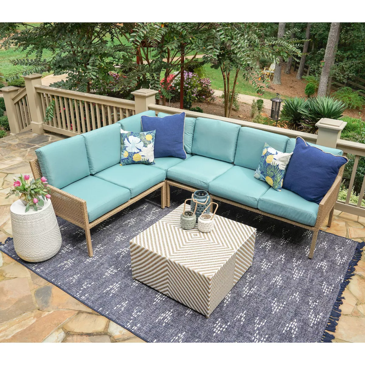 Riviera 5pc Wicker Patio Sectional Set - Blue - Leisure Made