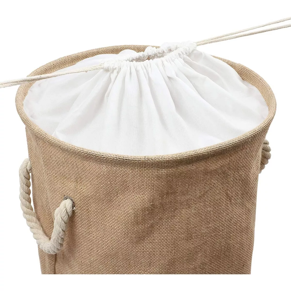 Juvale Large Collapsible Woven Jute Fabric Round Laundry Hamper, Tall Drawstring Blanket Storage Basket with Lid & Handle, Brown 13.4