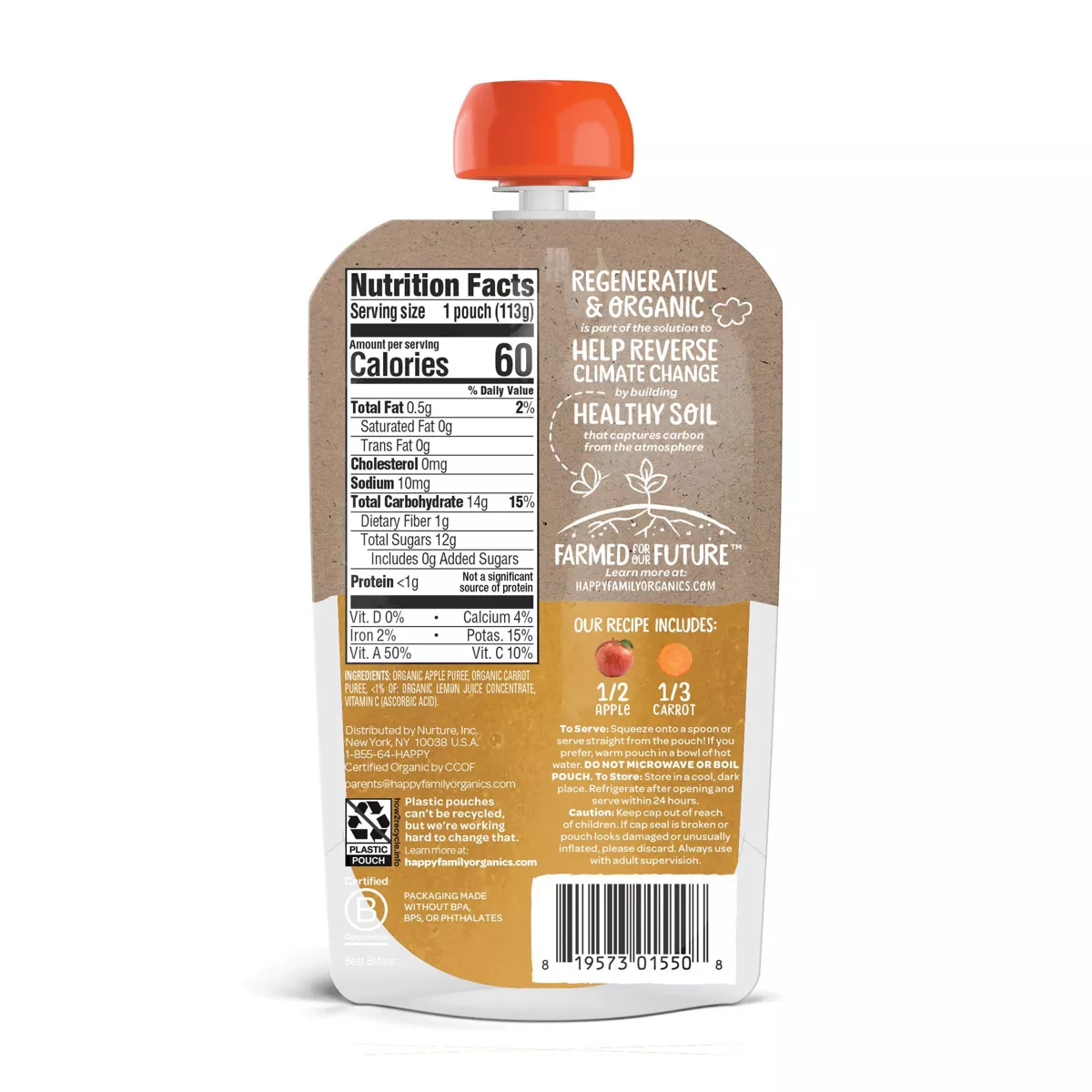 HappyBaby Farmed for Our Future 4pk Regenerative & Organic Apples & Carrots Baby Food Pouch - 16oz