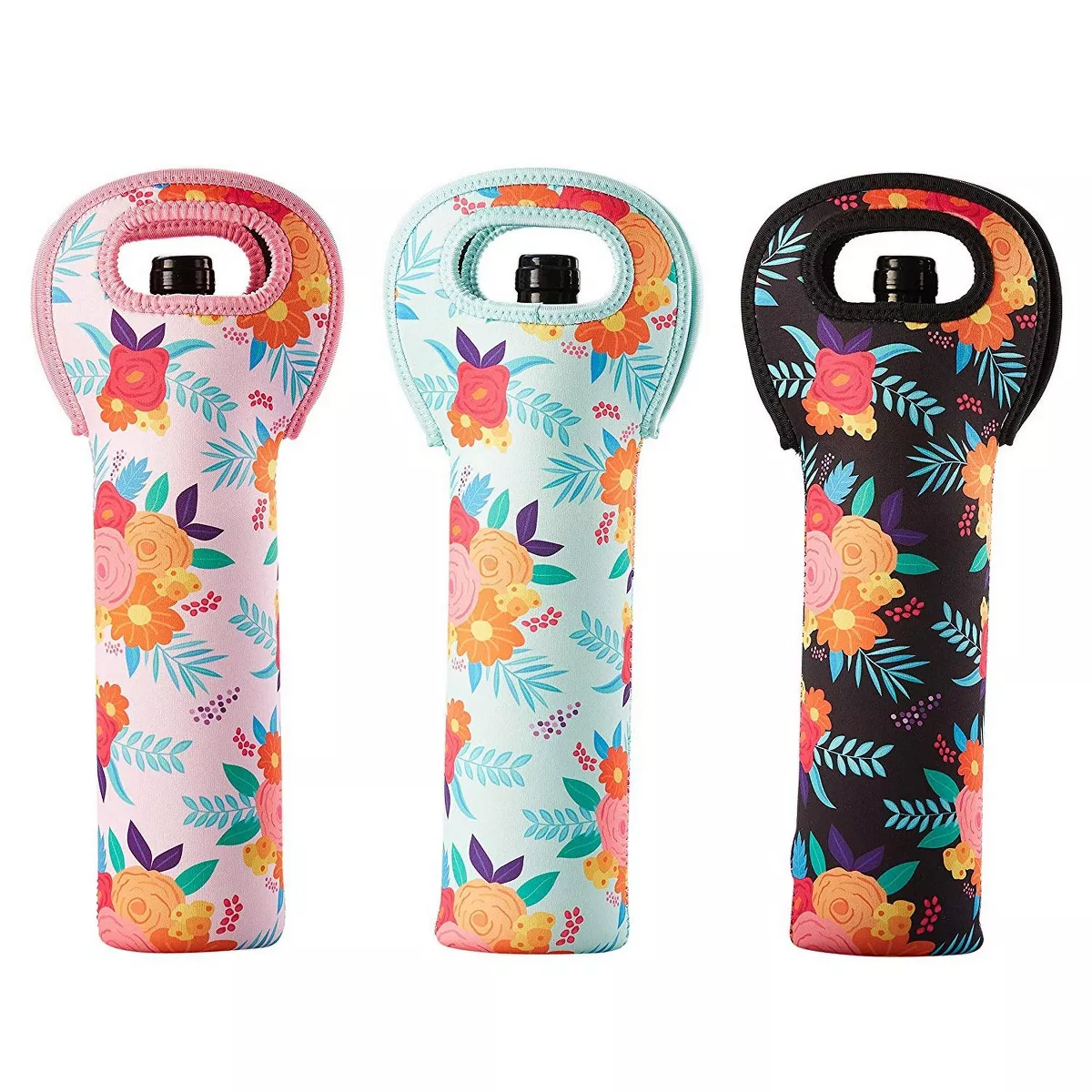 3-Pack Juvale Wine Carrier Bag, Insulated Neoprene Tote with Handles for Travel, Holds Standard Size Bottle of Wine, Floral Designs
