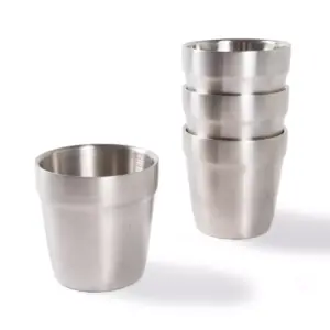 nCamp Basic 4 Pack 6 Oz Stainless Steel Stackable Cups Camping Set Bundle with Outdoor Camping Stove, Gas Adapter Hose and Espresso Style Coffee Maker