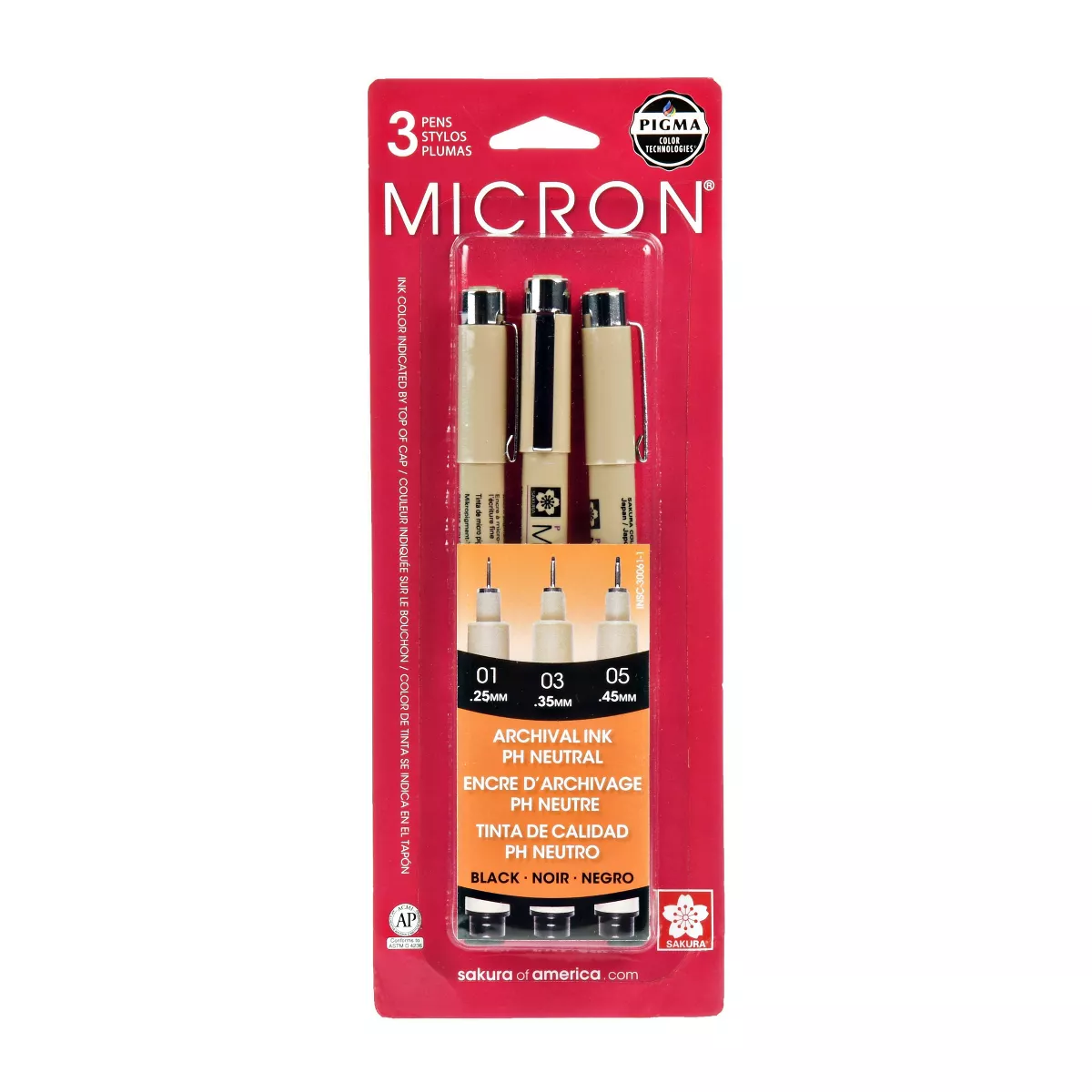 3pk Micron Archival Ink Multi-Size Tip Pen Set - Black