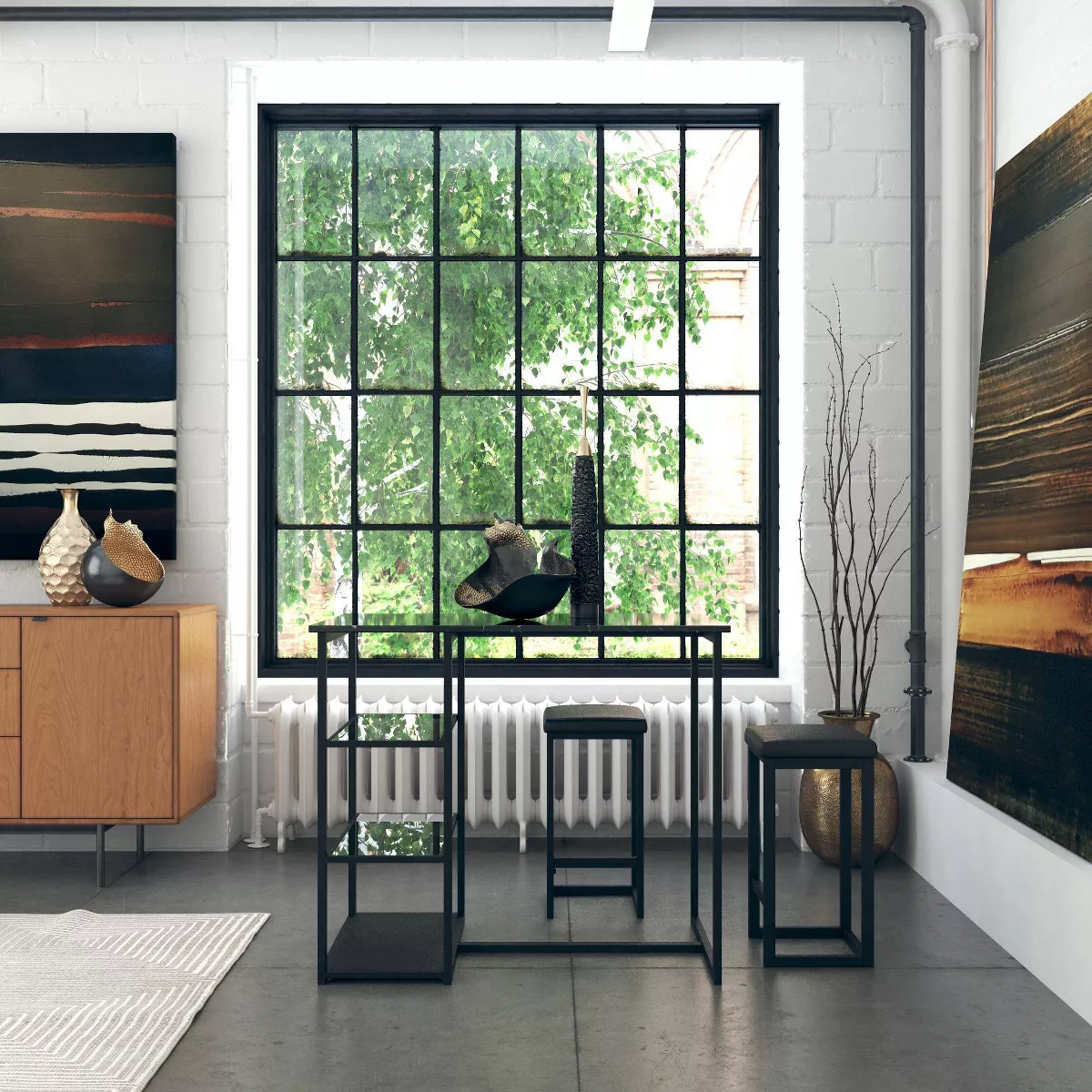 3pc Emelie Metal Pub Set With Faux Marble Top Black - Cosmoliving By Cosmopolitan