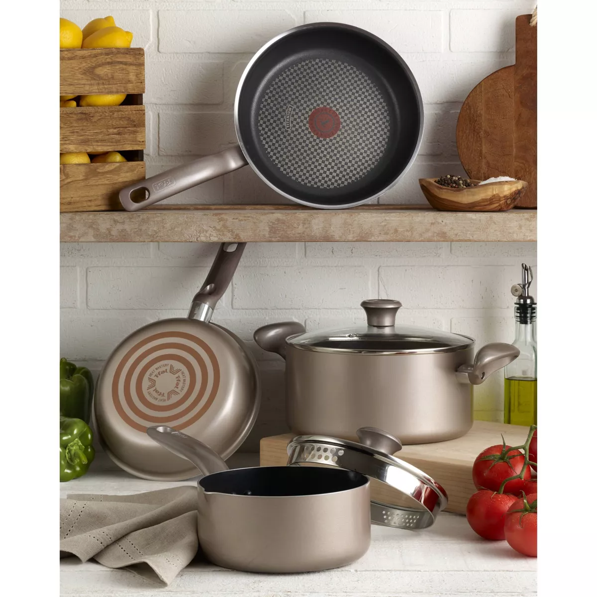 T-fal Simply Cook Nonstick Dishwasher Safe Cookware, 15pc Set, Champagne