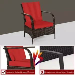 Costway 3 PCS Patio Rattan Furniture Set Coffee Table & 2 Rattan Chair W/Red Cushions