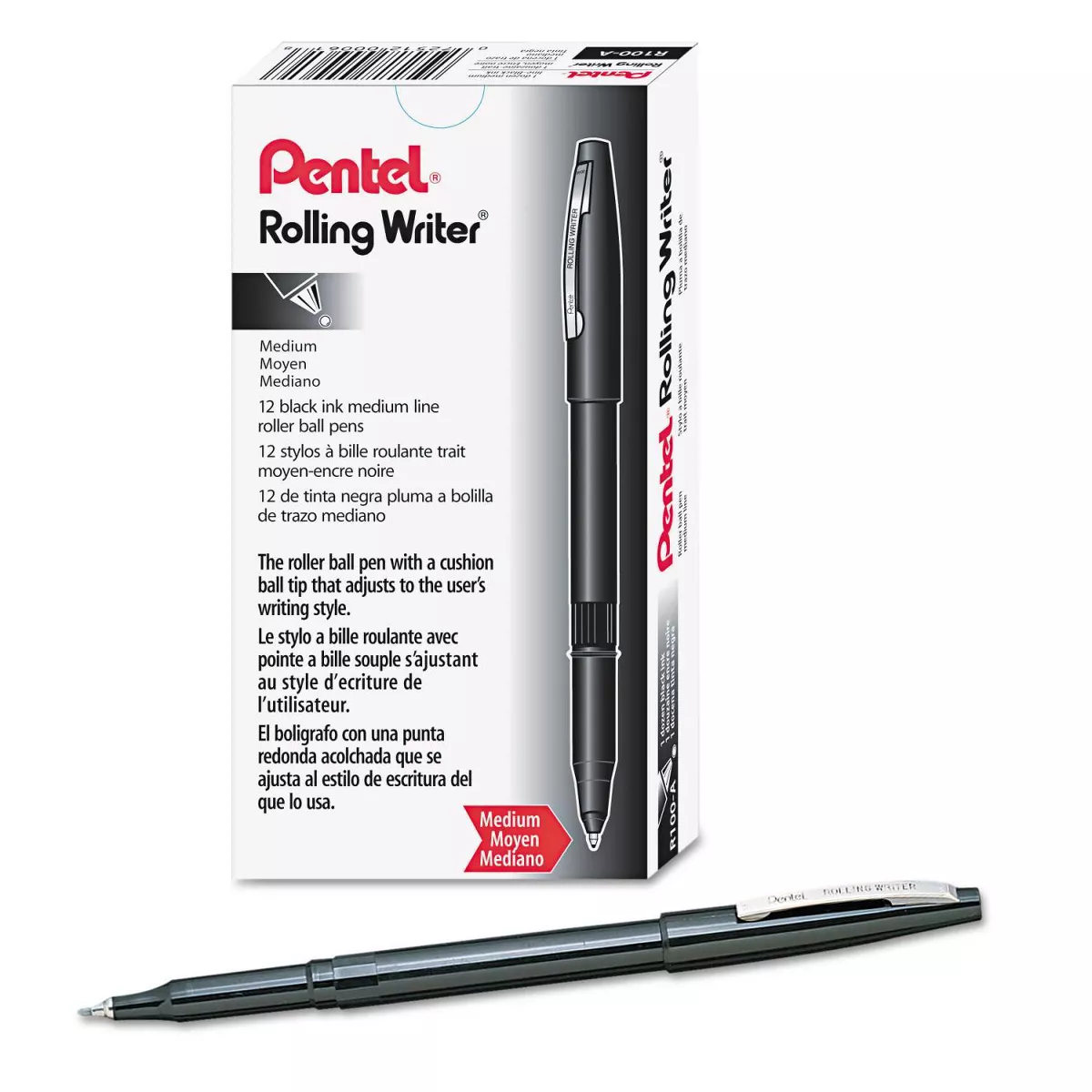 Pentel Rolling Writer Roller Ball Capped Pen, Black Ink, Medium, Dozen