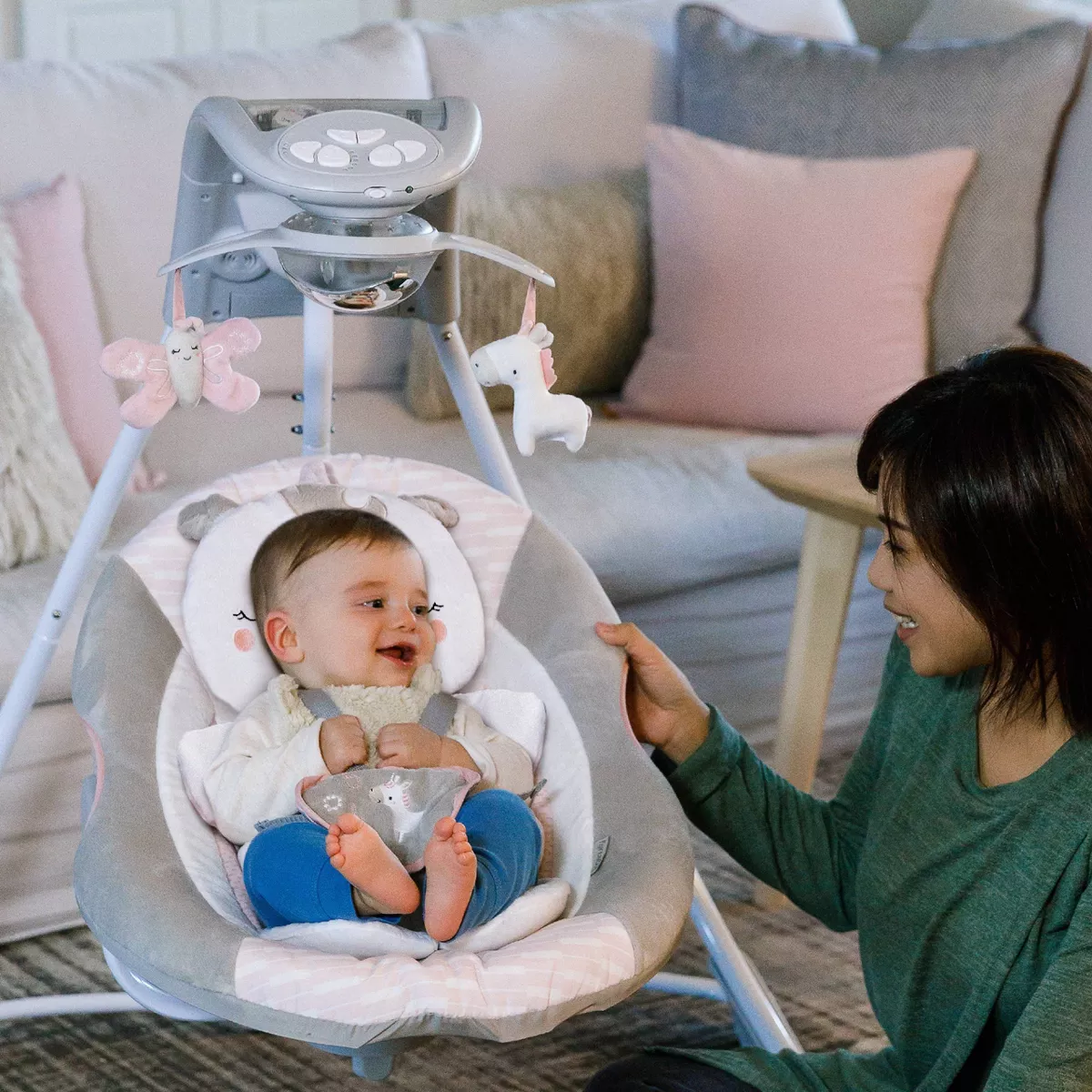 Ingenuity Inlighten Cradling Swing - Flora the Unicorn - Foldable Plug-in Swing