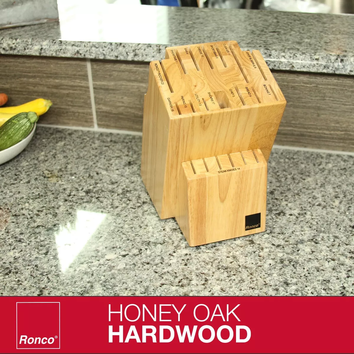 Ronco 20 Slot Knife Block, Honey Oak Hardwood with Labeled Slots