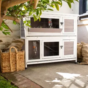 Indoor Outdoor Wooden Pet Bunny Hutch House Cage for Rabbits and Guinea Pigs and Other Small Animals with Ramp and Anti Slip Ladder, White
