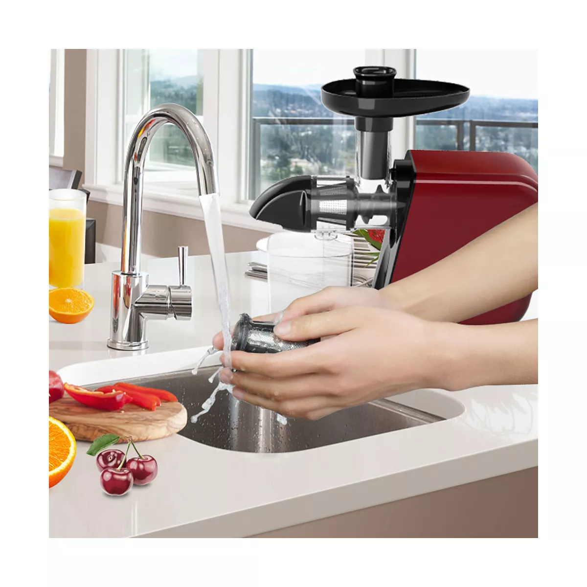 KOIOS B5100 Masticating Vegetable & Fruit Juicer Machine Kitchen Appliance with Slow Squeeze Technology and Reversible Motor, Red/Black