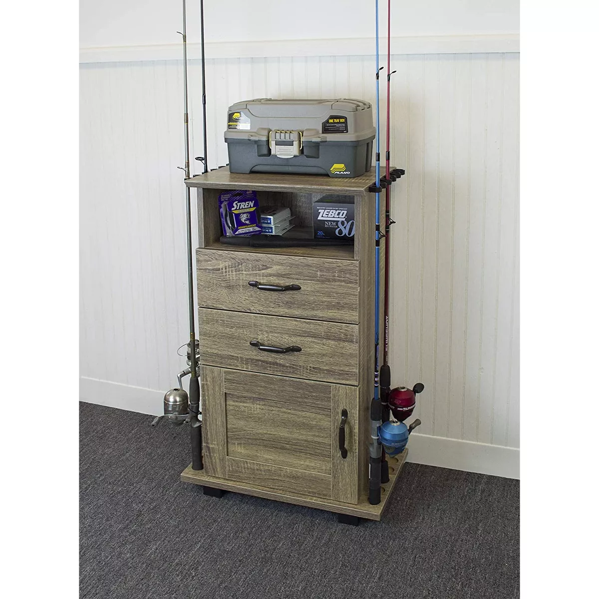OS Home 703 2 Drawer 1 Shelf Fishing Storage and Organization Cabinet Holds 12 Fishing Rods and Accessories, Barn Wood Laminate