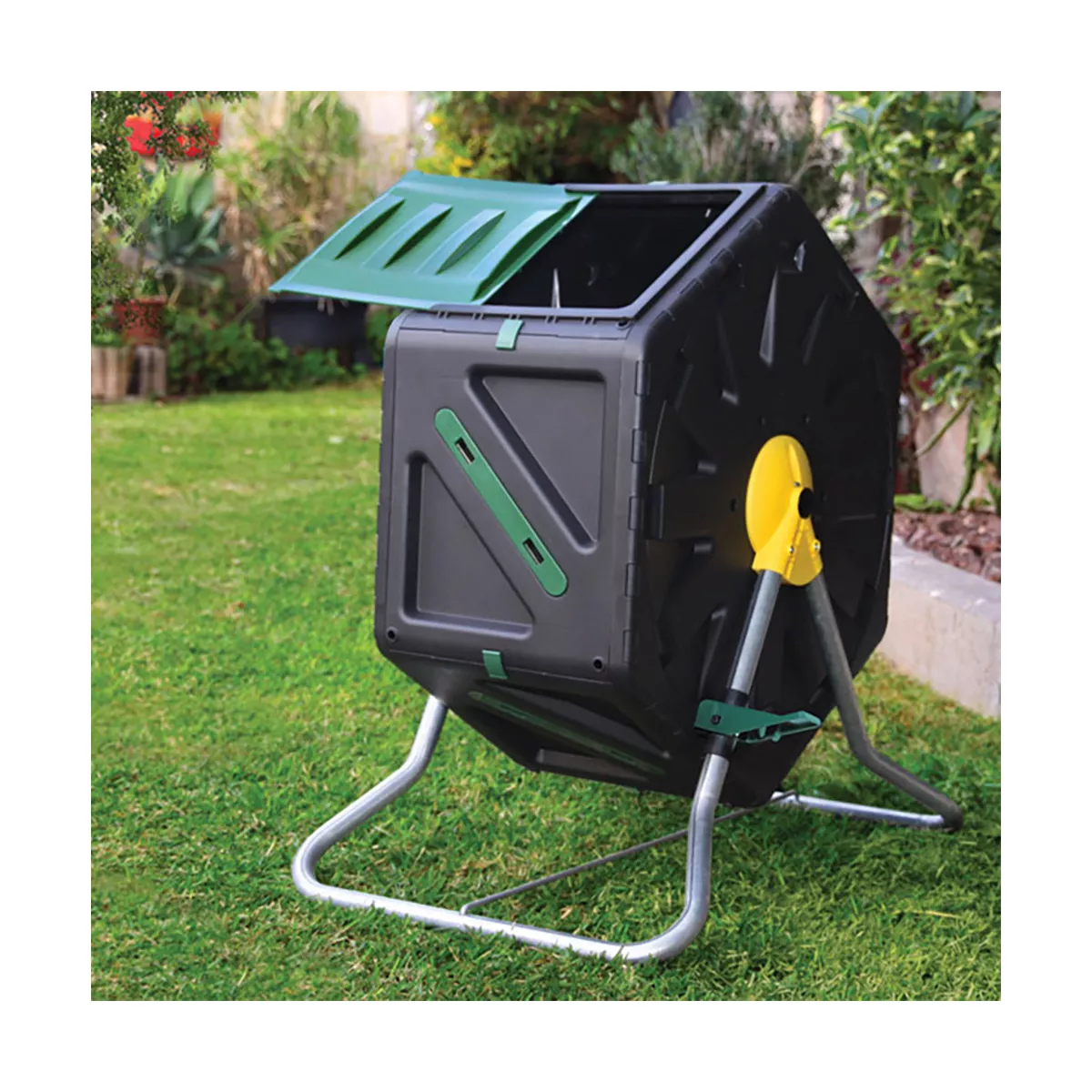 Miracle-Gro DFSC70 70 Liter 18.5 Gallon Bin Spinning Tumbling Aeration Garden Waste Soil Composter with 3 Piece Hand Tool Kit, Black
