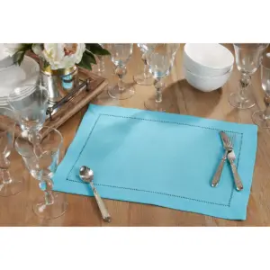 4pk Polyester Hemstitched Border Placemats Blue - Saro Lifestyle